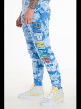 RIPNDIP Sweatpants Joggers Mens S / 30 Blue Tie Dye Cat Graphic Logo Embroidered